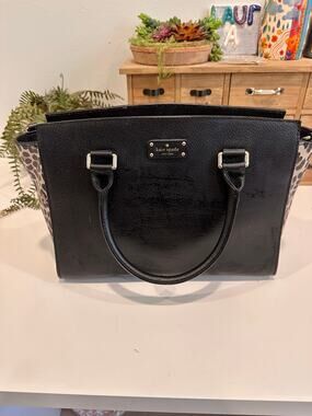 Kate Spade New York Black Leather Leopard Print Tote Satchel